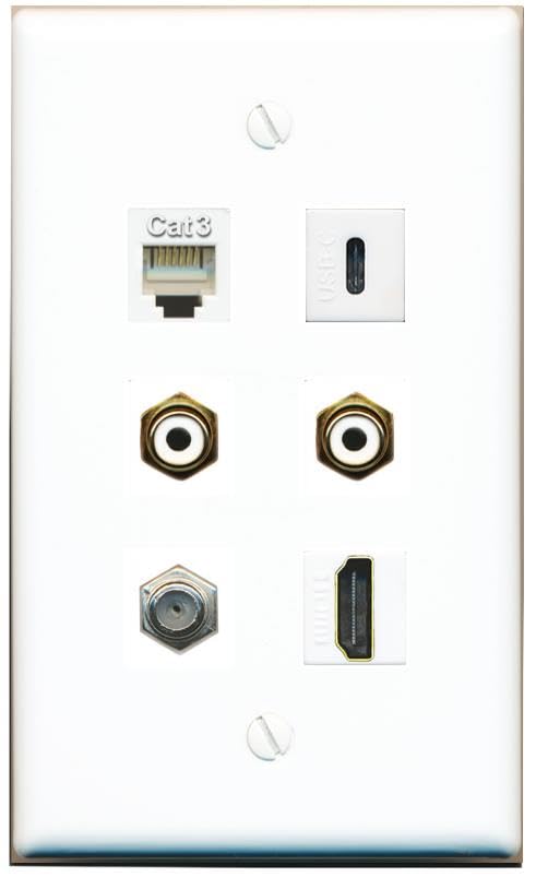 RiteAV Coax HDMI Phone 2 RCA-White USBC Flat/Solid Wall Plate [White]