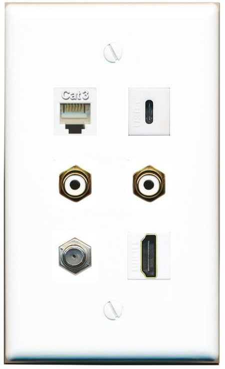 RiteAV Coax HDMI Phone 2 RCA-White USBC Flat/Solid Wall Plate [White]