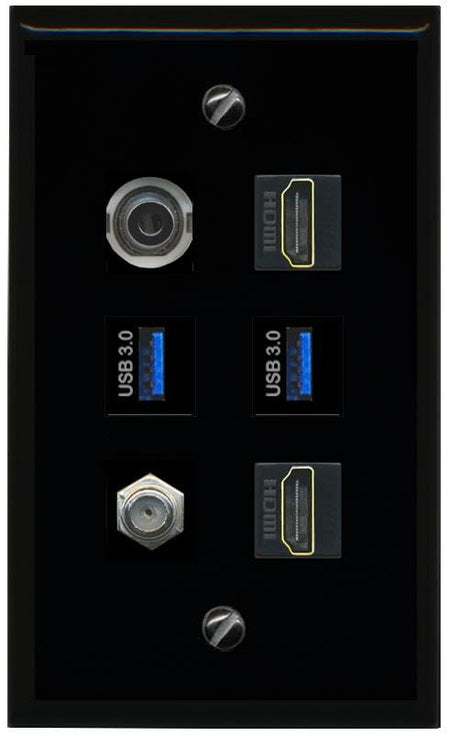 RiteAV 3.5mm Coax 2 HDMI 2 USB 3 Flat/Solid Wall Plate [Black]