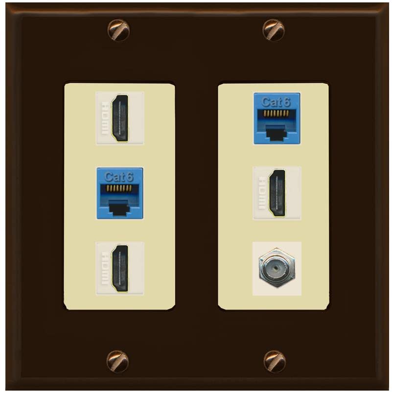 RiteAV 3 HDMI Wall Plate 2 Cat6 1 Coax - 2 Gang [Brown/Ivory]