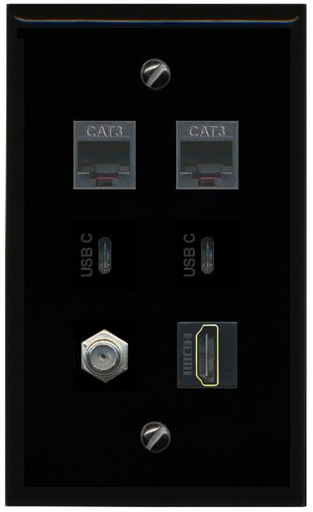 RiteAV Coax HDMI 2 Phone 2 USBC Flat/Solid Wall Plate [Black]