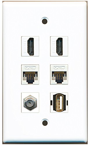 RiteAV - 2 HDMI 1 Port Coax Cable TV- F-Type 1 Port USB A-A 2 Port Cat5e Ethernet White Wall Plate