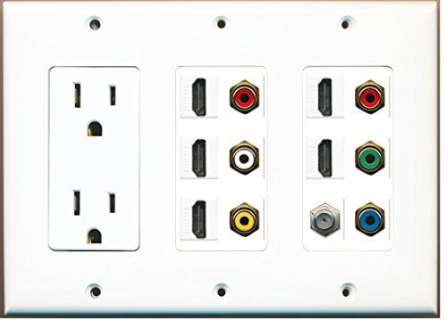 RiteAV (3 Gang 15 Amp Outlet 5 HDMI Coax Composite RGB Video RCA White Yellow Wall Plate