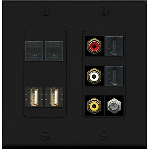 RiteAV - (2 Gang Decorative Composite Video 2 USB 2 HDMI Coax 2 Cat5e Wall Plate Black