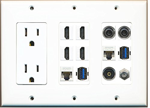 RiteAV (3 Gang 15A Power Outlet 4 HDMI Coax 2 Cat5e 2 3.5mm Toslink 2 USB 3 Wall Plate