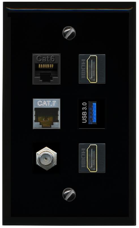 RiteAV CAT6 CAT7 Coax 2 HDMI USB 3 Flat/Solid Wall Plate [Black]