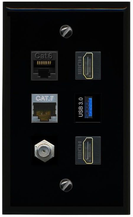 RiteAV CAT6 CAT7 Coax 2 HDMI USB 3 Flat/Solid Wall Plate [Black]