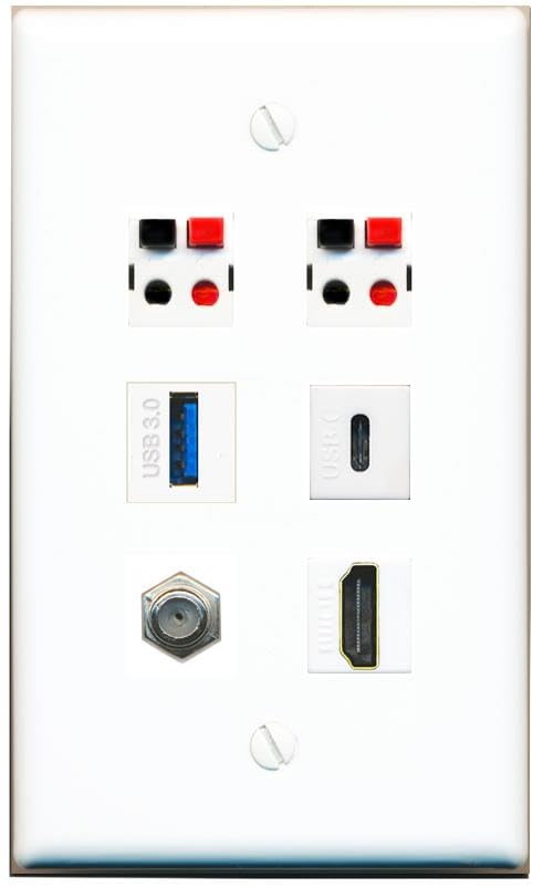 RiteAV COAX HDMI 2 SPEAKER USB-3 USBC Flat/Solid Wall Plate [White]