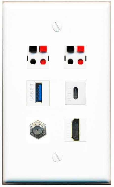 RiteAV COAX HDMI 2 SPEAKER USB-3 USBC Flat/Solid Wall Plate [White]