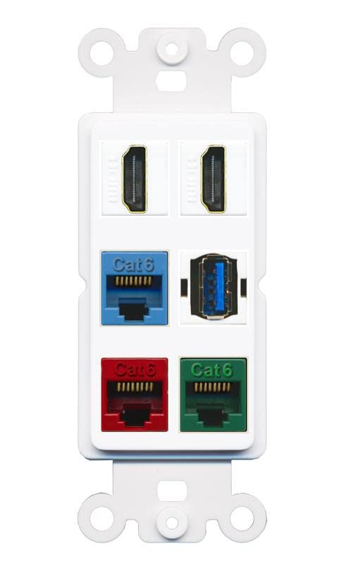 RiteAV 2 HDMI 3 Cat6 Ethernet USB3 Mixed Color Wall Plate - Rocker [White/White]