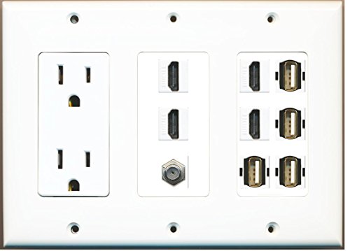 RiteAV - (3 Gang 15 Amp 125V Power Outlet 4 HDMI Coax 4 USB A-A Wall Plate White