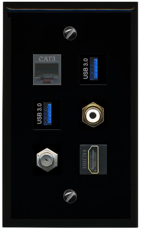 RiteAV Coax HDMI Phone RCA White 2 USB 3 Flat/Solid Wall Plate [Black]