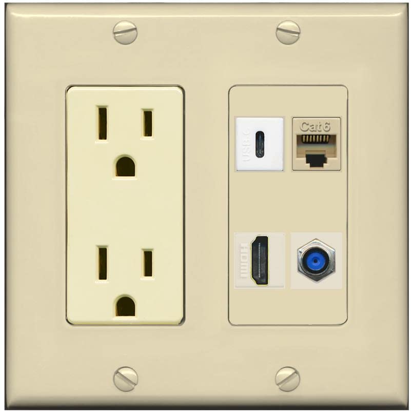 RiteAV USBC HDMI Cat6 Coax F81 Wall Plate - Outlet [Ivory/Ivory]