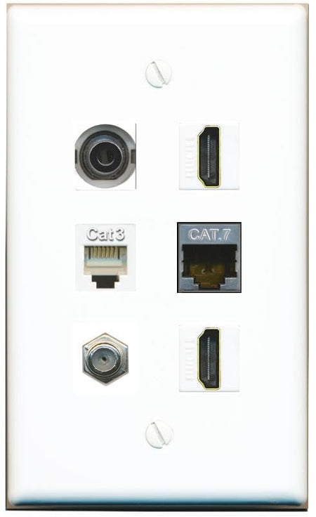 RiteAV 3.5mm CAT7 Coax 2 HDMI Phone Flat/Solid Wall Plate [White]