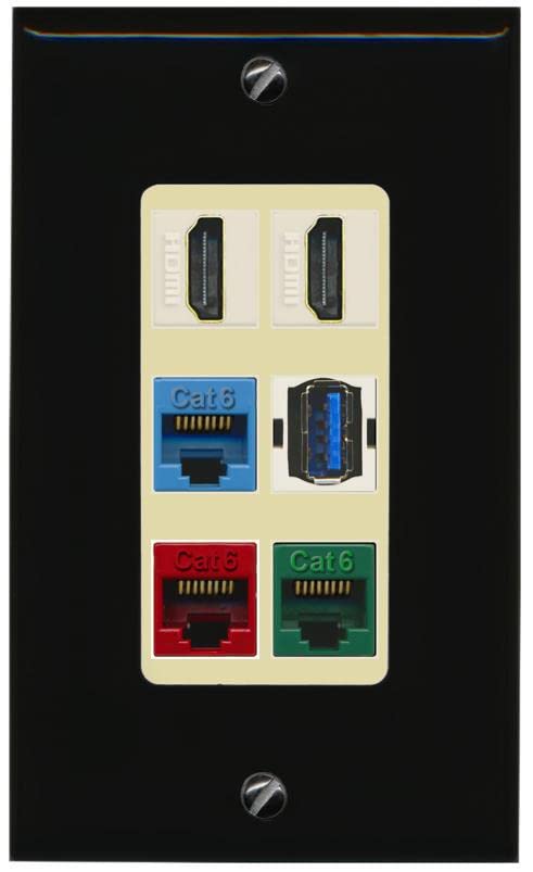 RiteAV 2 HDMI 3 Cat6 Ethernet USB3 Mixed Color Wall Plate - 1 Gang [Black/Ivory]