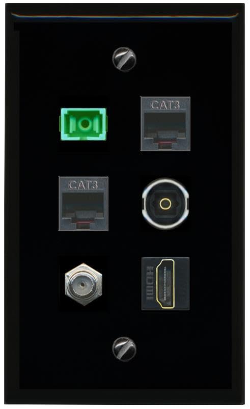 RiteAV COAX HDMI 2 PHONE SC APC Simplex Fiber TOSLINK Flat/Solid Wall Plate [Black]