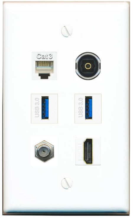 RiteAV Coax HDMI Phone TOSLINK 2 USB-3 Flat/Solid Wall Plate [White]