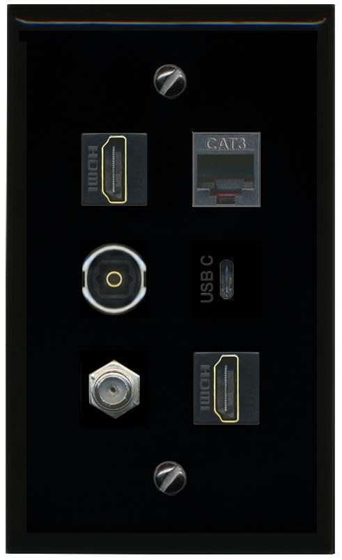 RiteAV Coax 2 HDMI Phone TOSLINK USBC Flat/Solid Wall Plate [Black]