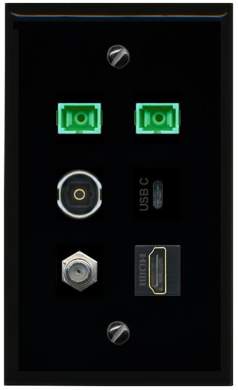 RiteAV Coax HDMI 2 SC APC Simplex Fiber TOSLINK USBC Flat/Solid Wall Plate [Black]