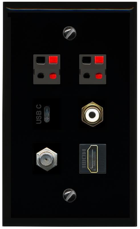 RiteAV COAX HDMI RCA WHITE 2 SPEAKER USBC Flat/Solid Wall Plate [Black]