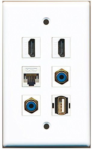 RiteAV - 2 HDMI 2 Port RCA Blue 1 Port USB A-A 1 Port Cat5e Ethernet White Wall Plate