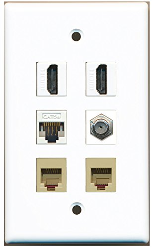 RiteAV - 2 HDMI 1 Port Coax Cable TV- F-Type 2 Port Phone RJ11 RJ12 Beige 1 Port Cat5e Ethernet White Wall Plate