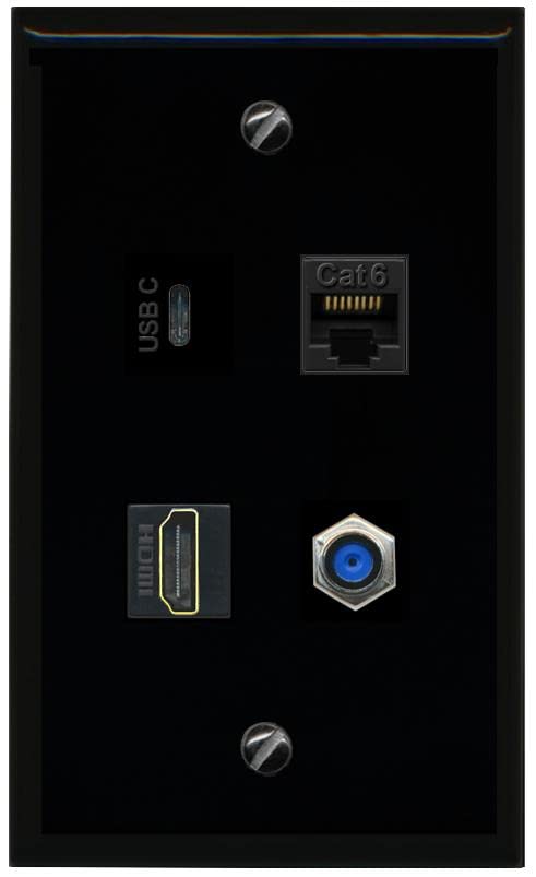 RiteAV USBC HDMI Cat6 Coax F81 Wall Plate - Flat [Black/Black]