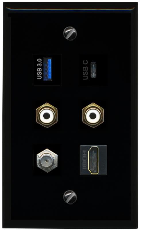 RiteAV Coax HDMI 2 RCA White USB 3 USBC Flat/Solid Wall Plate [Black]