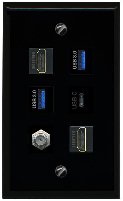 RiteAV Coax 2 HDMI 2 USB 3 USBC Flat/Solid Wall Plate [Black]