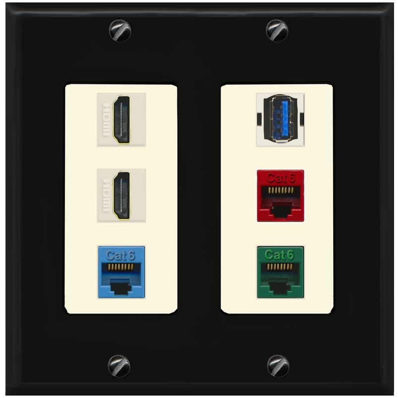 RiteAV 2 HDMI 3 Cat6 Ethernet USB3 Mixed Color Wall Plate - 2 Gang [Black/Light-Almond]