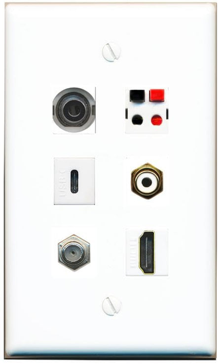 RiteAV 3.5mm COAX HDMI RCA-WHITE SPEAKER USBC Flat/Solid Wall Plate [White]