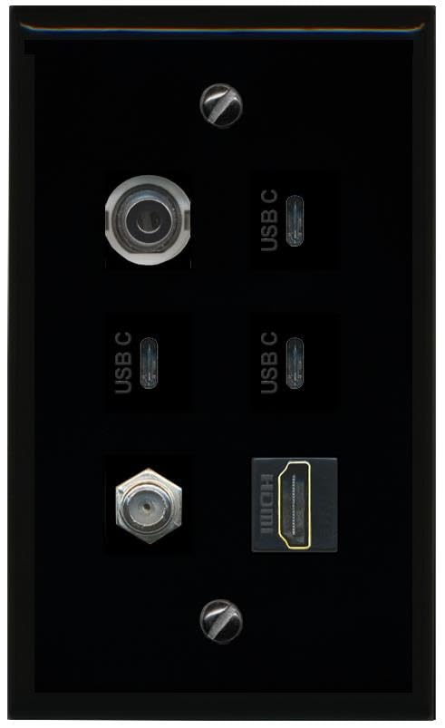 RiteAV 3.5mm Coax HDMI 3 USBC Flat/Solid Wall Plate [Black]