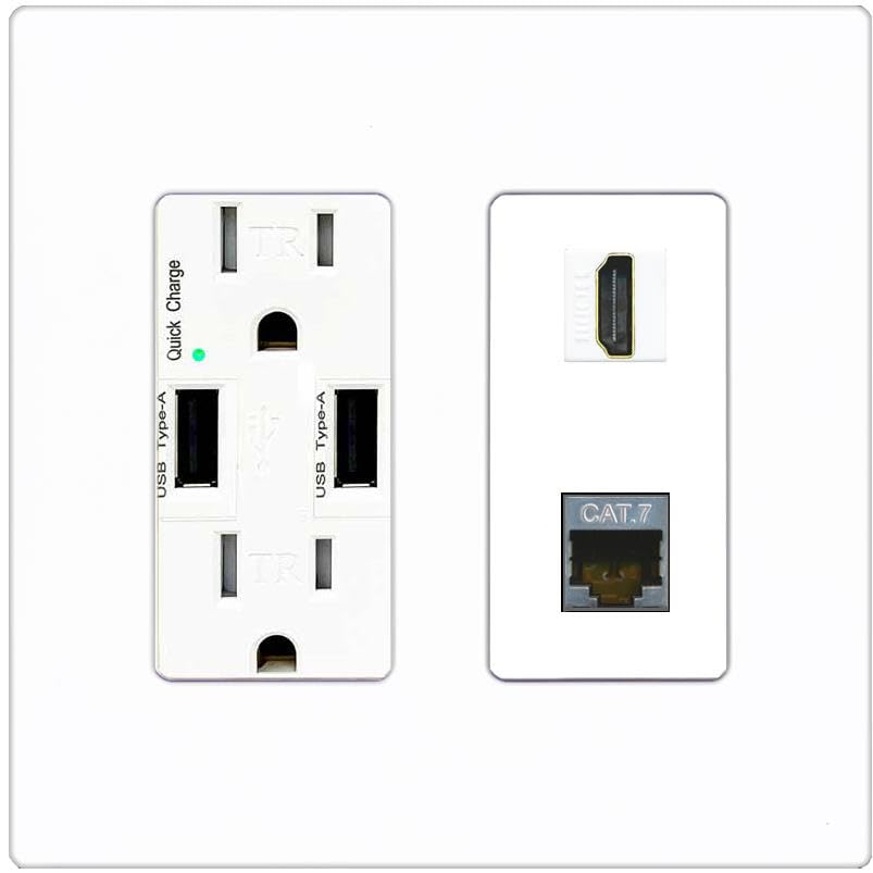 RiteAV HDMI and Cat7 Wall Plate - USB Charger [Screwless White]