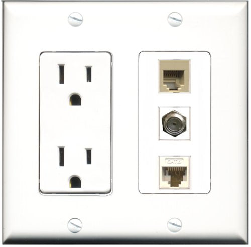RiteAV - 15 Amp Power Outlet 1 Port Coax 1 Port Phone Beige 1 Port Cat6 Ethernet Ethernet White Decorative Wall Plate