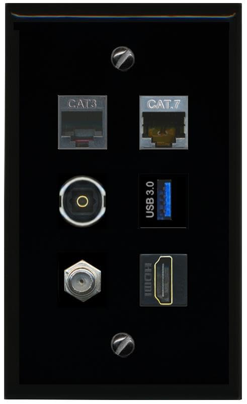 RiteAV CAT7 Coax HDMI Phone TOSLINK USB 3 Flat/Solid Wall Plate [Black]