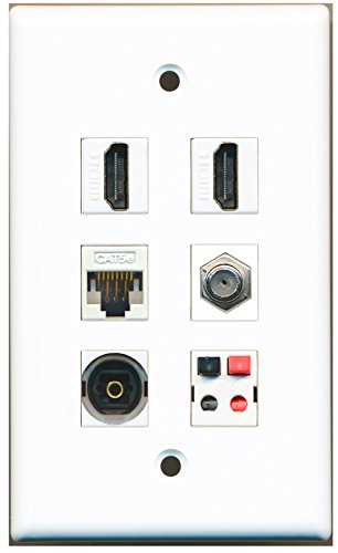 RiteAV - 2 HDMI 1 Port Coax Cable TV- F-Type 1 Port Toslink 1 Port Cat5e Ethernet White 1 Port Speaker Wall Plate