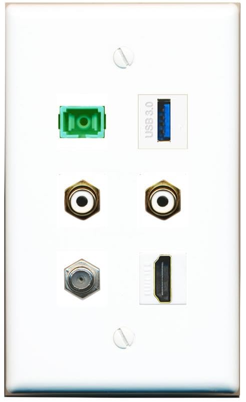 RiteAV Coax HDMI 2 RCA-White SC-APC-SX USB-3 Flat/Solid Wall Plate [White]
