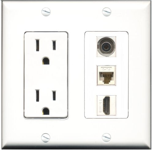 RiteAV - 15 Amp Power Outlet 1 Port HDMI 1 Port 3.5mm 1 Port Cat6 Ethernet Ethernet White Decorative Wall Plate