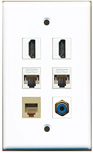 RiteAV - 2 HDMI 1 Port RCA Blue 1 Port Phone RJ11 RJ12 Beige 2 Port Cat5e Ethernet White Wall Plate