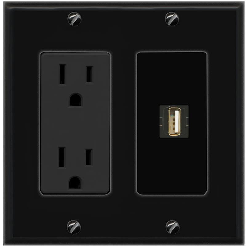 RiteAV USB2 Wall Plate with Power Outlet [Black]