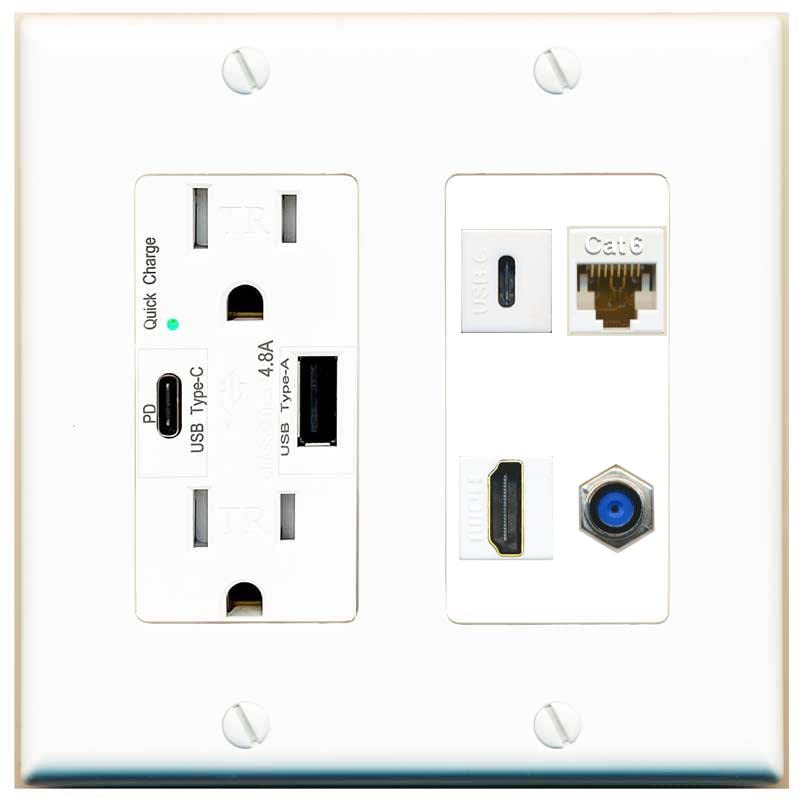 RiteAV USBC HDMI Cat6 Coax F81 Wall Plate - USB A+C Charger [White/White]