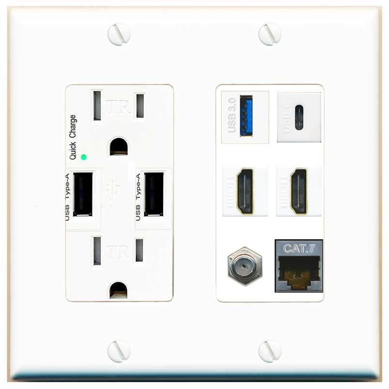 RiteAV USB 3 USB C 2 HDMI Coax Cat7 Wall Plate - USB Charger [White/White]