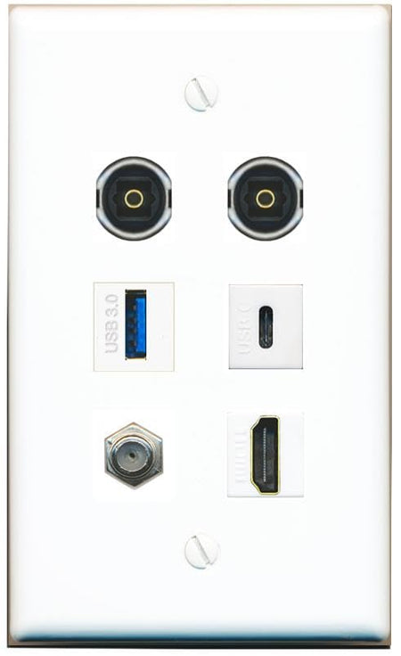 RiteAV Coax HDMI 2 TOSLINK USB-3 USBC Flat/Solid Wall Plate [White]
