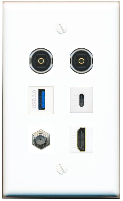 RiteAV Coax HDMI 2 TOSLINK USB-3 USBC Flat/Solid Wall Plate [White]