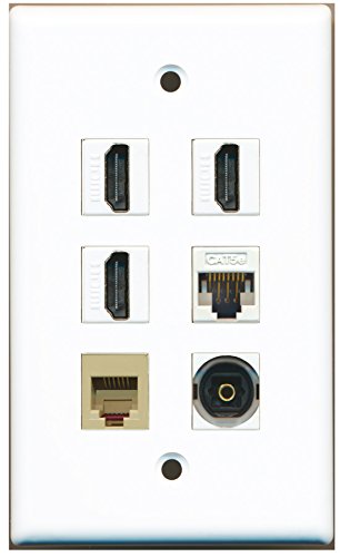 RiteAV - 3 HDMI 1 Port Phone RJ11 RJ12 Beige 1 Port Toslink 1 Port Cat5e Ethernet White Wall Plate