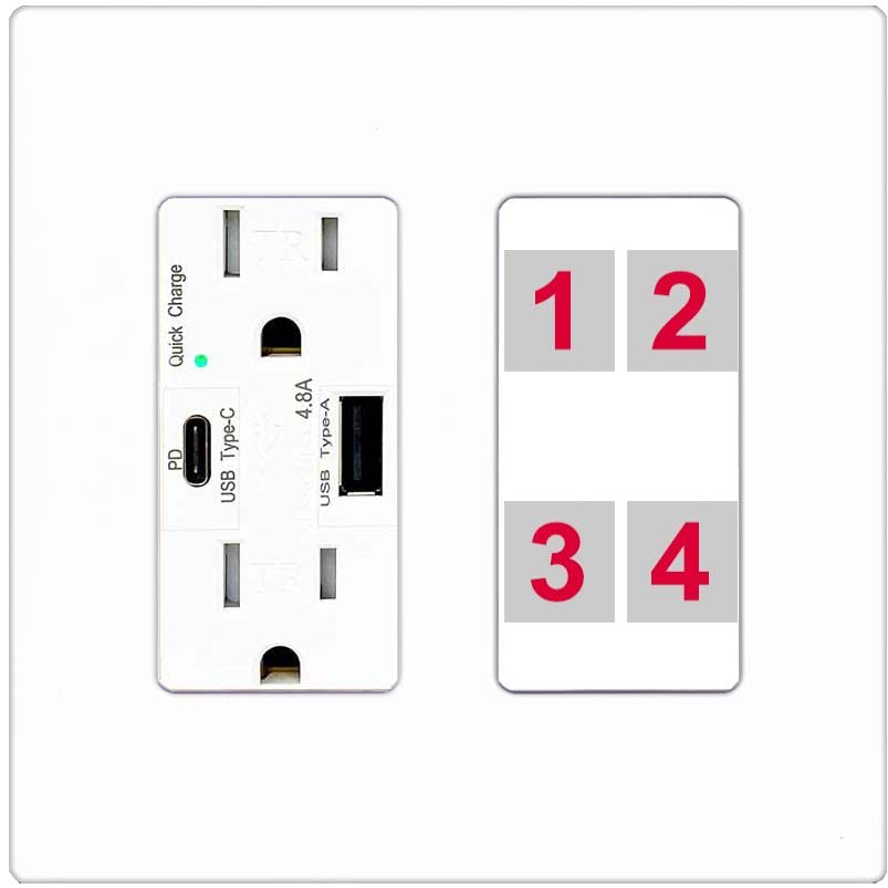 RiteAV Custom 4 Port Custom Wall Plate - USB A+C Charger [Screwless White]