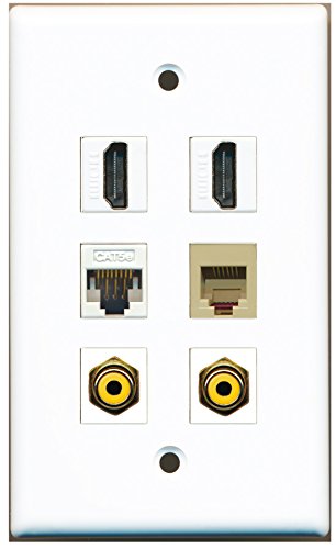 RiteAV - 2 HDMI 2 Port RCA Yellow 1 Port Phone RJ11 RJ12 Beige 1 Port Cat5e Ethernet White Wall Plate