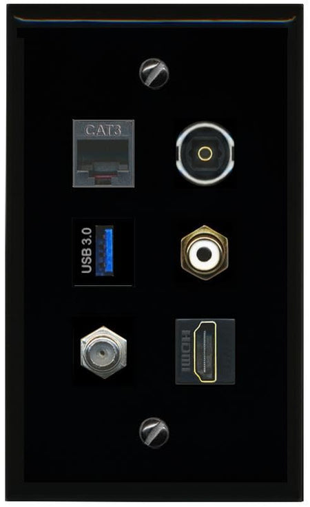RiteAV Coax HDMI Phone RCA White TOSLINK USB 3 Flat/Solid Wall Plate [Black]