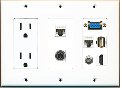 RiteAV - (3 Gang 15A Power Outlet Svga HDMI Coax 2 Cat5e White 3.5mm USB A Wall Plate