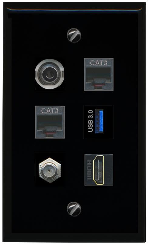 RiteAV 3.5mm Coax HDMI 2 Phone USB 3 Flat/Solid Wall Plate [Black]